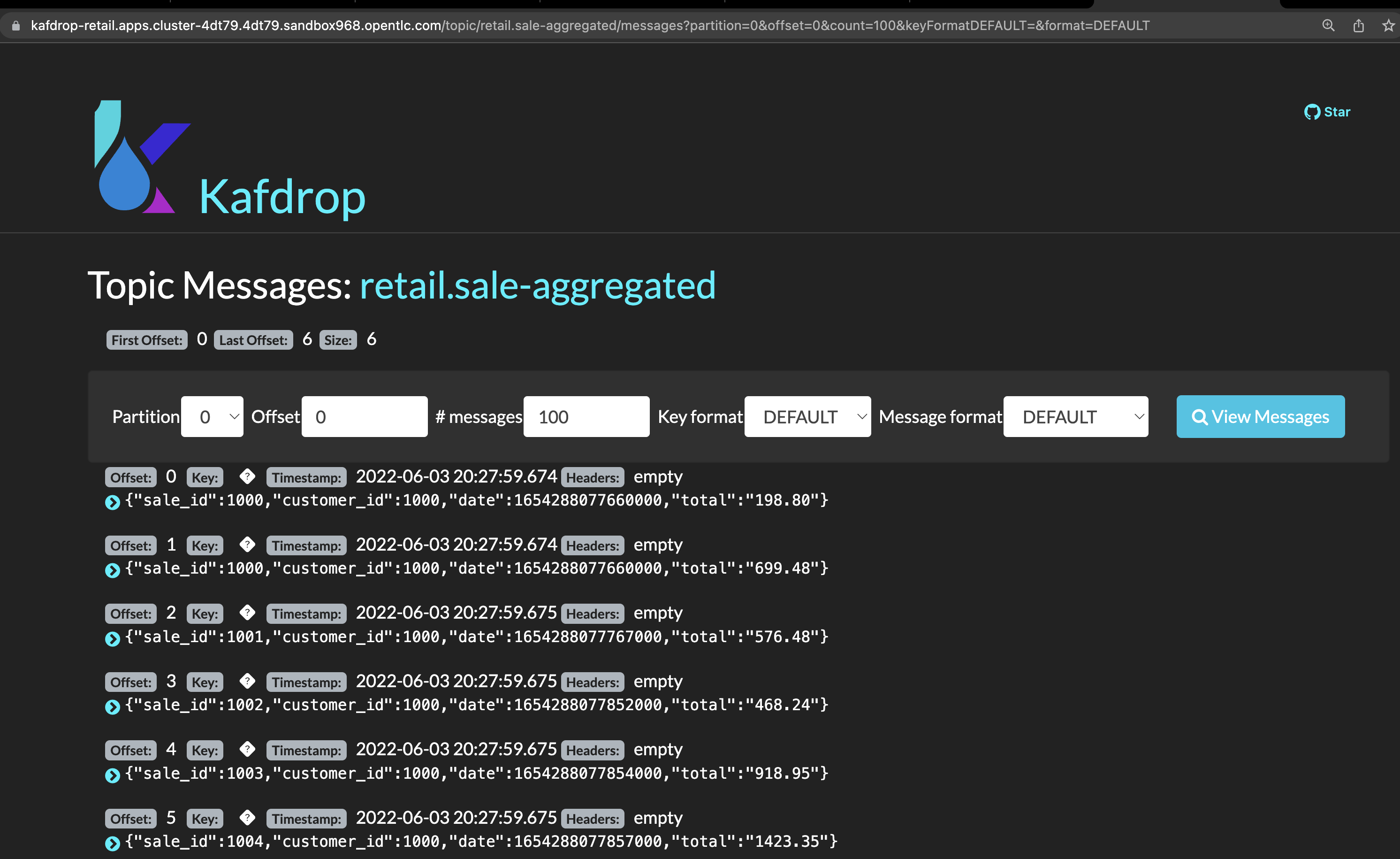 kafdrop sales aggregated messages